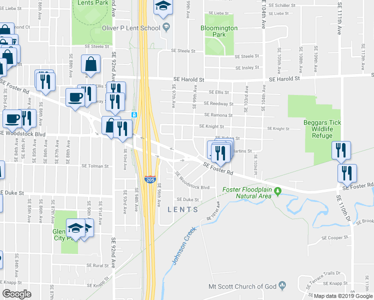 map of restaurants, bars, coffee shops, grocery stores, and more near 6025 Southeast 99th Avenue in Portland