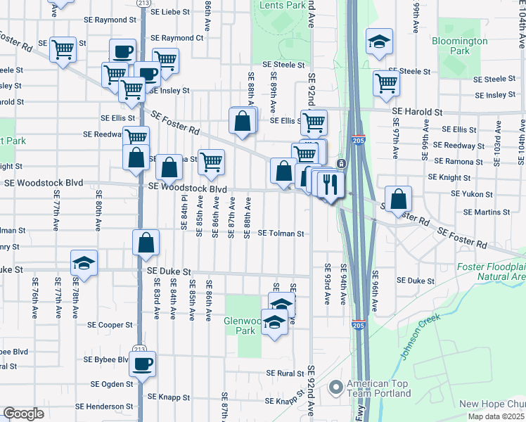 map of restaurants, bars, coffee shops, grocery stores, and more near 6109 Southeast 90th Avenue in Portland
