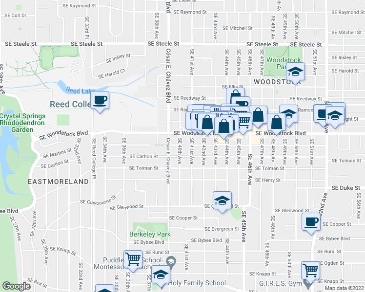 map of restaurants, bars, coffee shops, grocery stores, and more near 3927 Southeast Martins Street in Portland