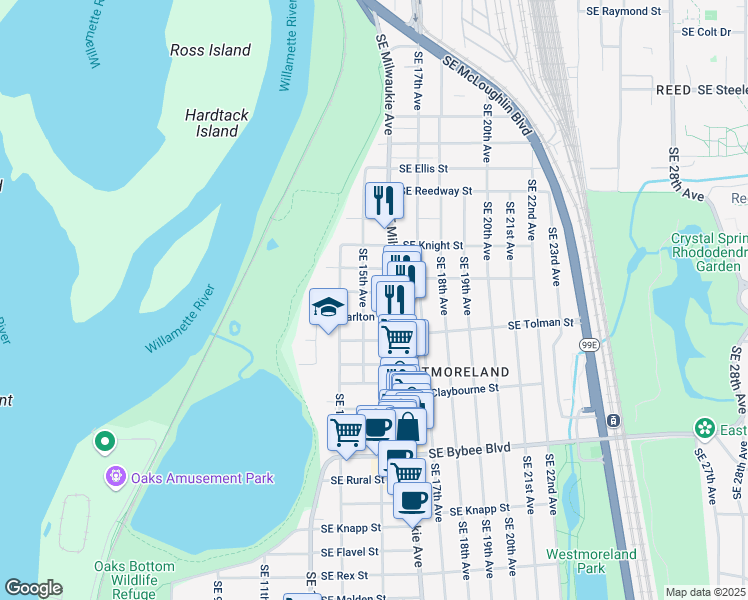 map of restaurants, bars, coffee shops, grocery stores, and more near 1506 Southeast Martins Street in Portland