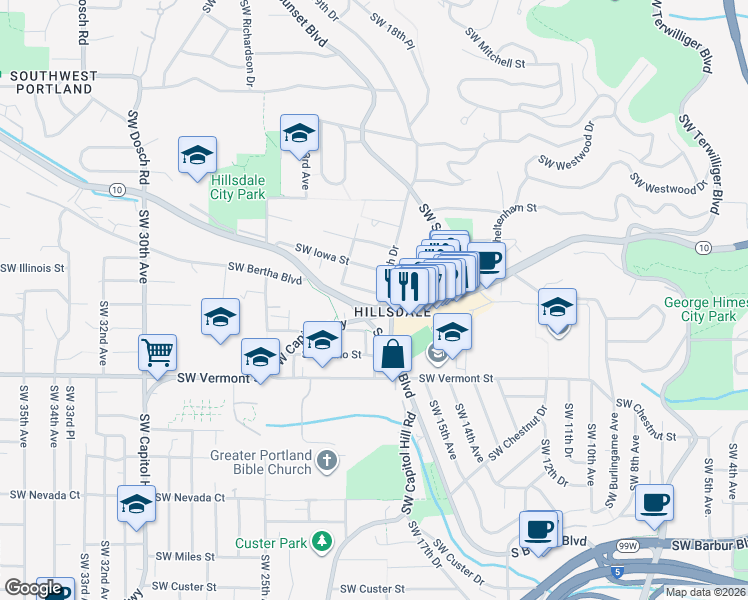 map of restaurants, bars, coffee shops, grocery stores, and more near 1918 Southwest Carolina Street in Portland