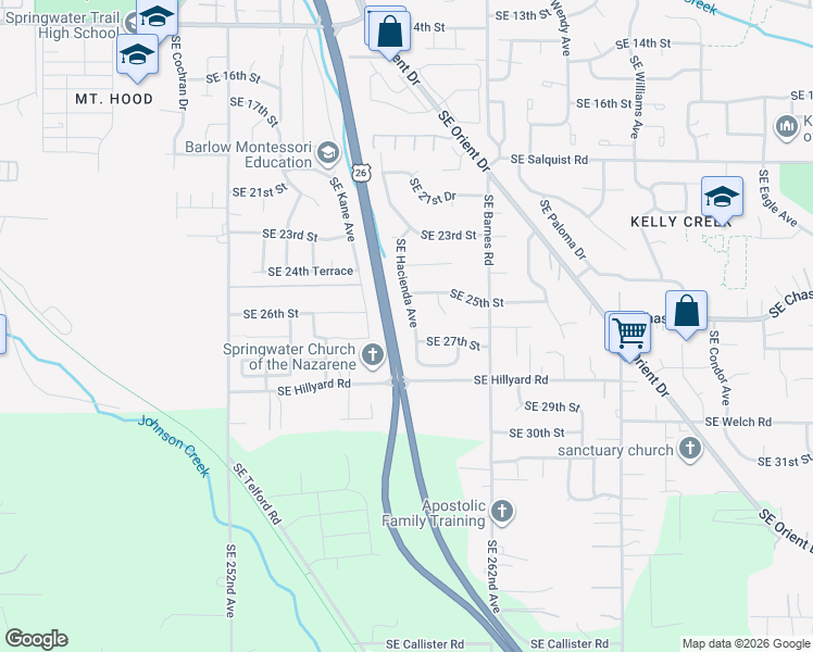 map of restaurants, bars, coffee shops, grocery stores, and more near 2637 Southeast Hacienda Avenue in Gresham