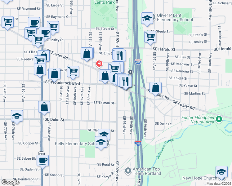 map of restaurants, bars, coffee shops, grocery stores, and more near 6107 Southeast 92nd Avenue in Portland