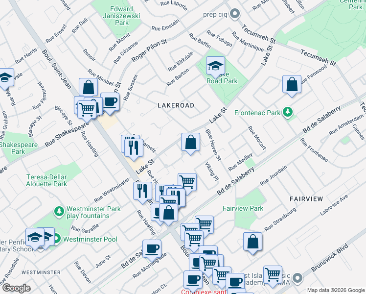 map of restaurants, bars, coffee shops, grocery stores, and more near 4594 Rue Lake in Dollard-des-Ormeaux