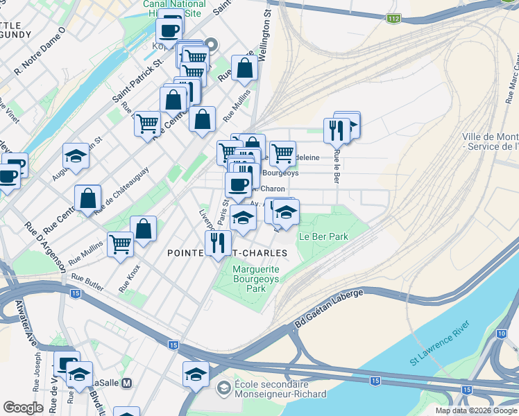 map of restaurants, bars, coffee shops, grocery stores, and more near 568 Avenue Ash in Montréal