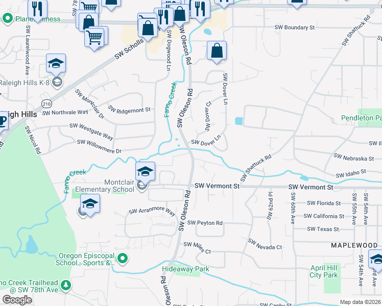 map of restaurants, bars, coffee shops, grocery stores, and more near Southwest Oleson Road in Portland
