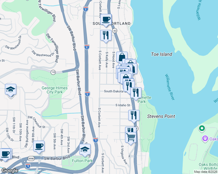 map of restaurants, bars, coffee shops, grocery stores, and more near 6318 South Corbett Avenue in Portland