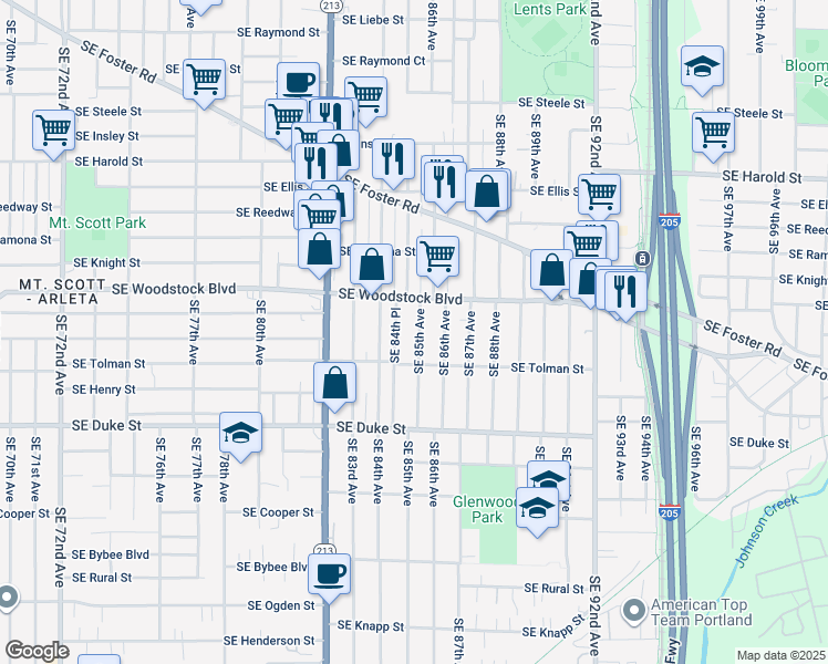 map of restaurants, bars, coffee shops, grocery stores, and more near 6113 Southeast 85th Avenue in Portland