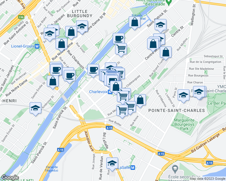map of restaurants, bars, coffee shops, grocery stores, and more near 1185 Rue Charlevoix in Montrã©Al