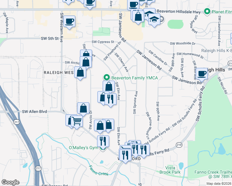 map of restaurants, bars, coffee shops, grocery stores, and more near 5775 Southwest Elm Avenue in Beaverton
