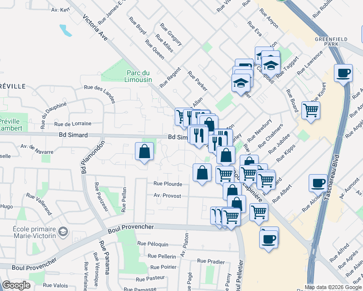 map of restaurants, bars, coffee shops, grocery stores, and more near 629 Avenue d'Isère in Saint-Lambert