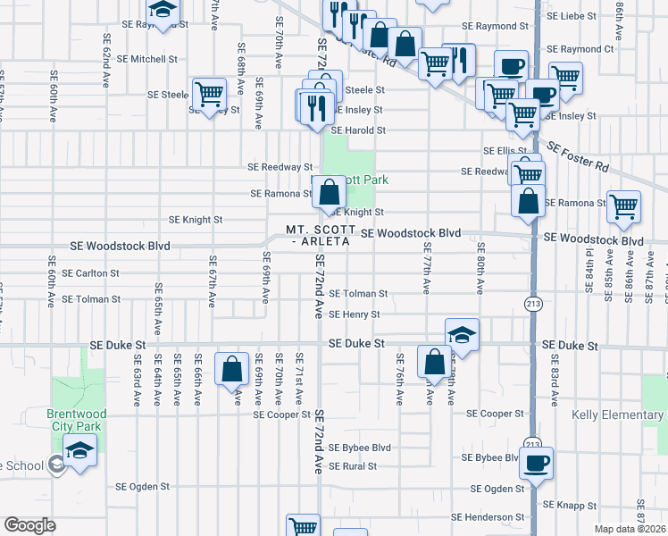 map of restaurants, bars, coffee shops, grocery stores, and more near 7225 Southeast Carlton Street in Portland
