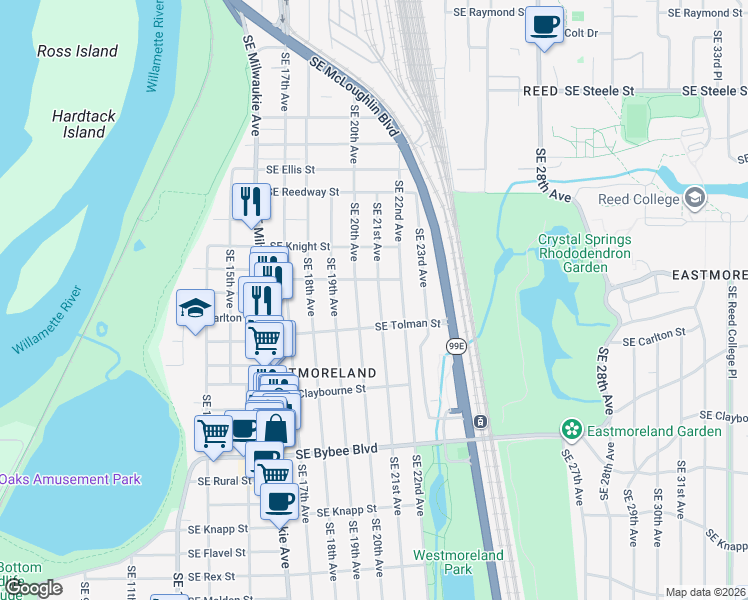 map of restaurants, bars, coffee shops, grocery stores, and more near 6107 Southeast 21st Avenue in Portland