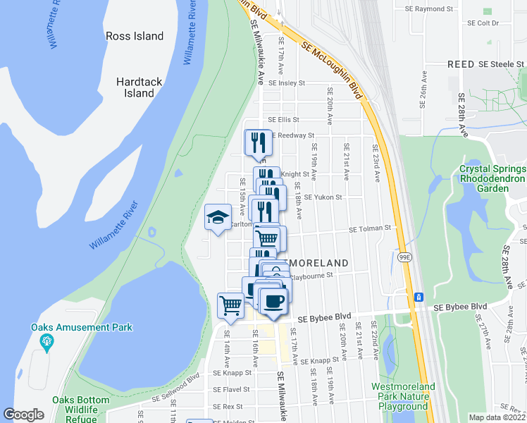 map of restaurants, bars, coffee shops, grocery stores, and more near 6109 Southeast Milwaukie Avenue in Portland