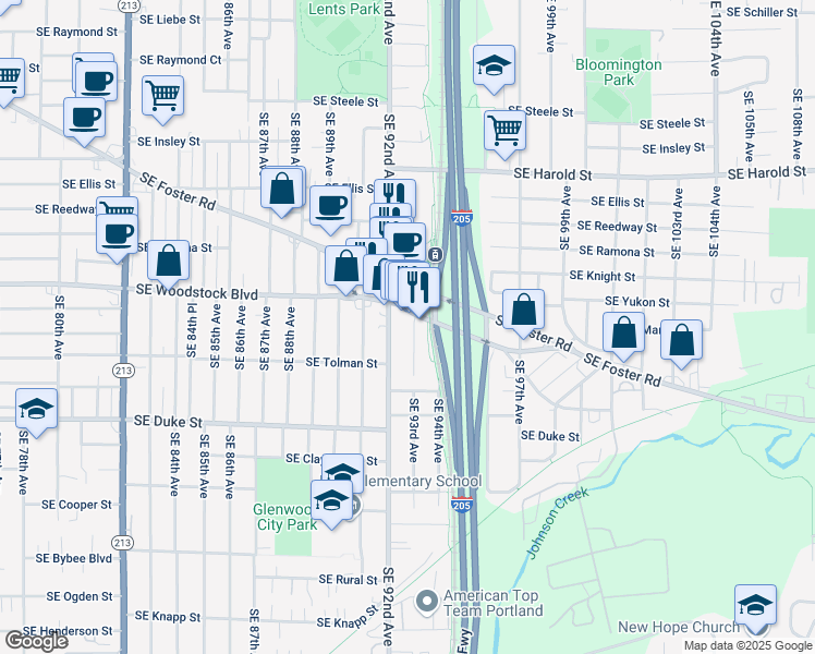 map of restaurants, bars, coffee shops, grocery stores, and more near 6107 SE 93rd Ave in Portland