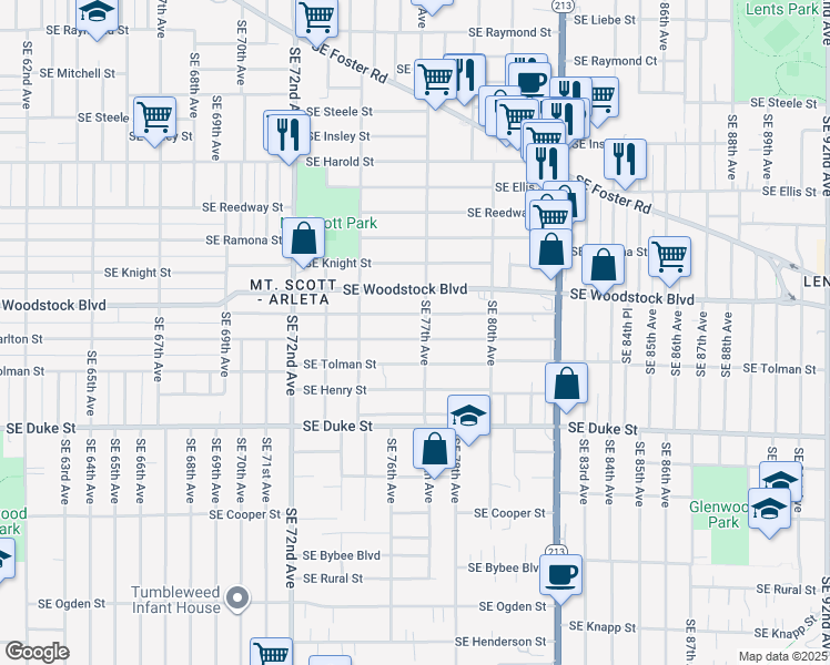 map of restaurants, bars, coffee shops, grocery stores, and more near 7625 Southeast Carlton Street in Portland
