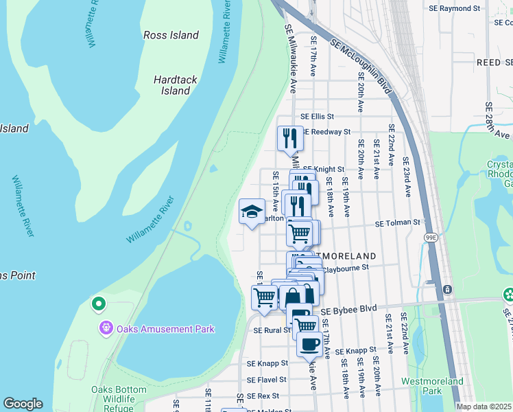 map of restaurants, bars, coffee shops, grocery stores, and more near 1336 Southeast Martins Street in Portland