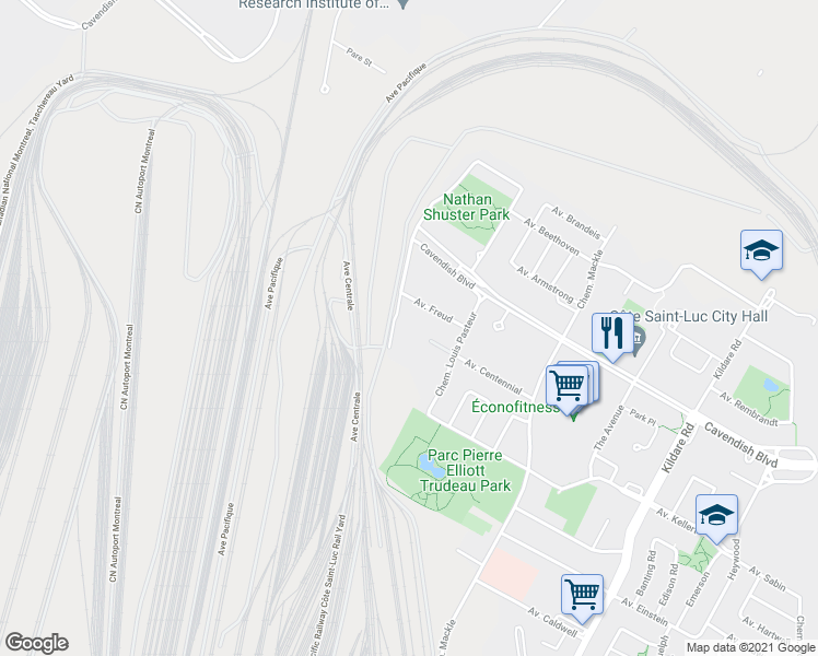 map of restaurants, bars, coffee shops, grocery stores, and more near 6710 Chemin Wallenberg in Côte Saint-Luc