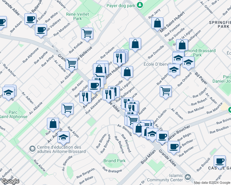 map of restaurants, bars, coffee shops, grocery stores, and more near 5440 Rue de la Légion in Longueuil