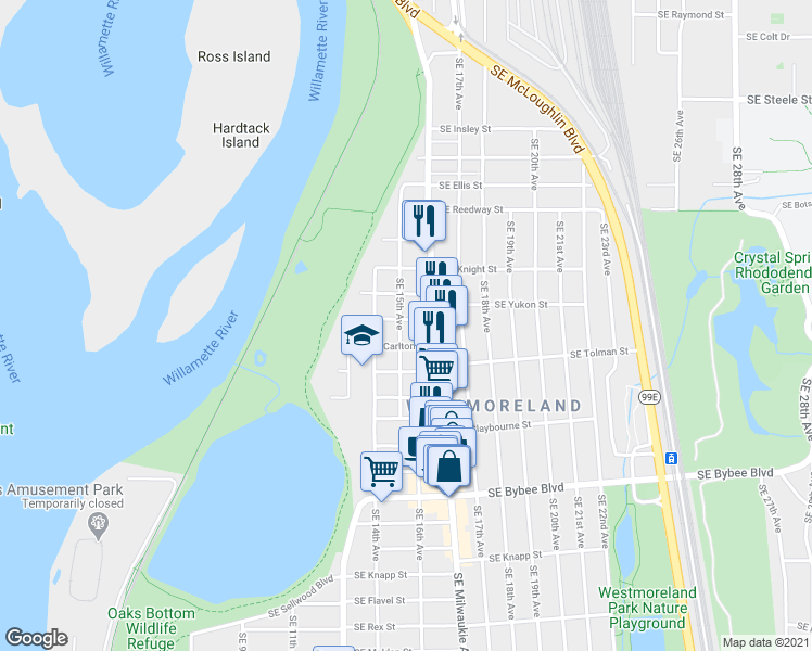 map of restaurants, bars, coffee shops, grocery stores, and more near 1506 Southeast Martins Street in Portland