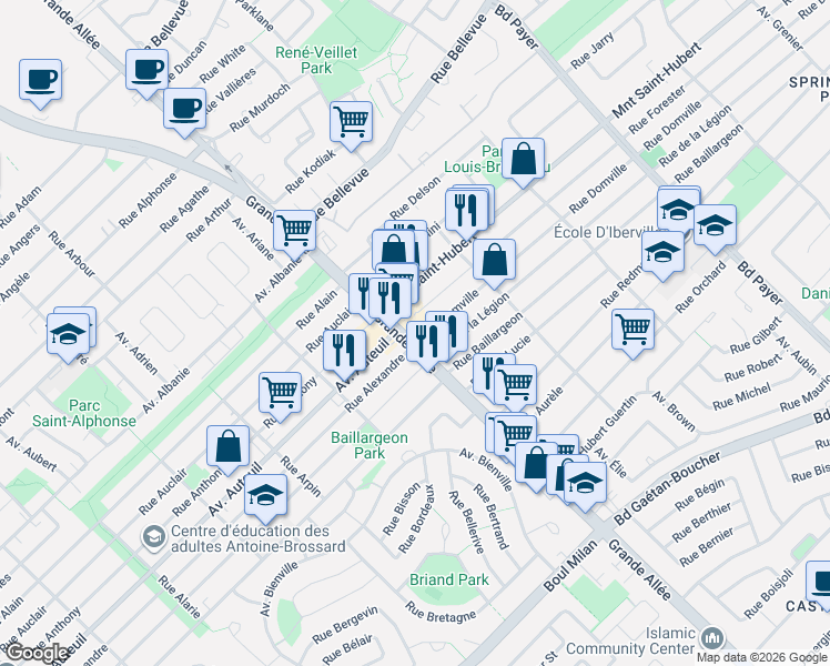 map of restaurants, bars, coffee shops, grocery stores, and more near 5400 Grande Allée in Longueuil