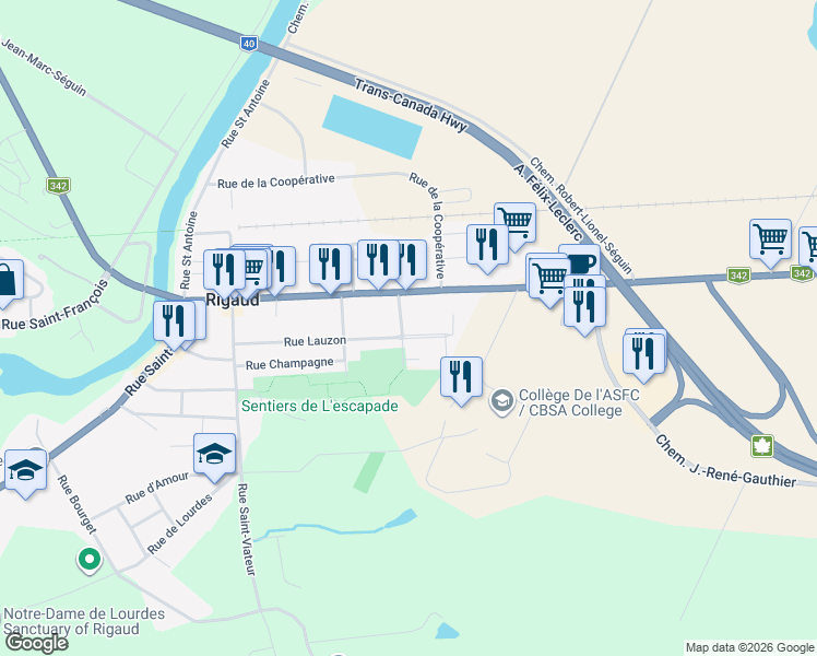 map of restaurants, bars, coffee shops, grocery stores, and more near 9 Rue Jacqueline in Rigaud