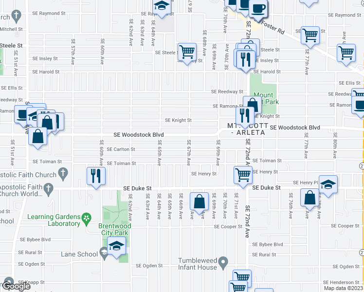 map of restaurants, bars, coffee shops, grocery stores, and more near 6633 Southeast Carlton Street in Portland