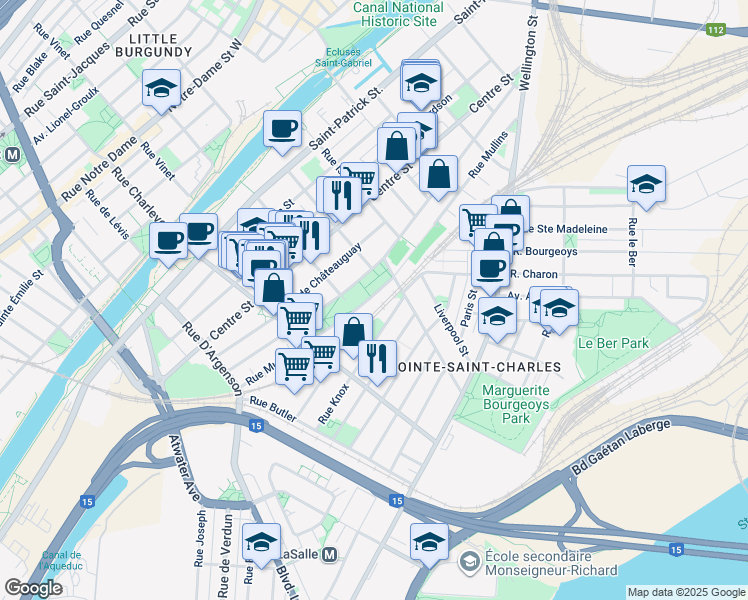 map of restaurants, bars, coffee shops, grocery stores, and more near 2352 Rue Mullins in Montréal