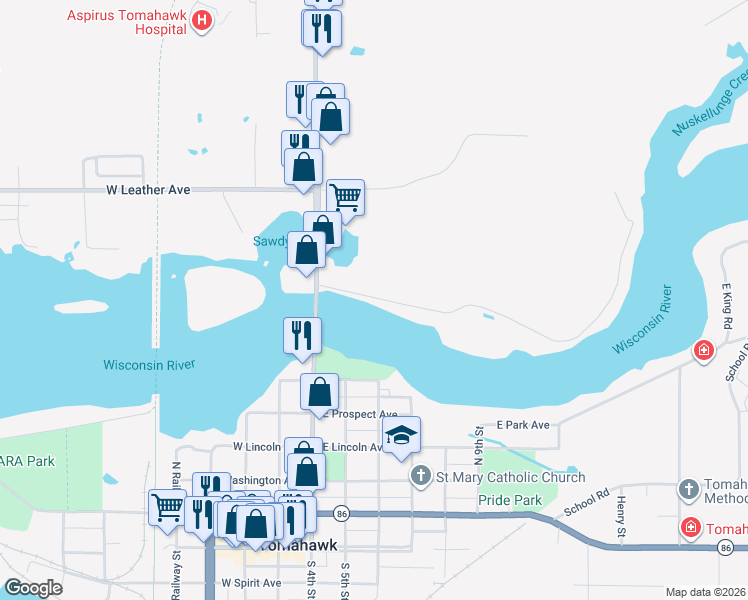 map of restaurants, bars, coffee shops, grocery stores, and more near 100 Deer Park Road in Tomahawk