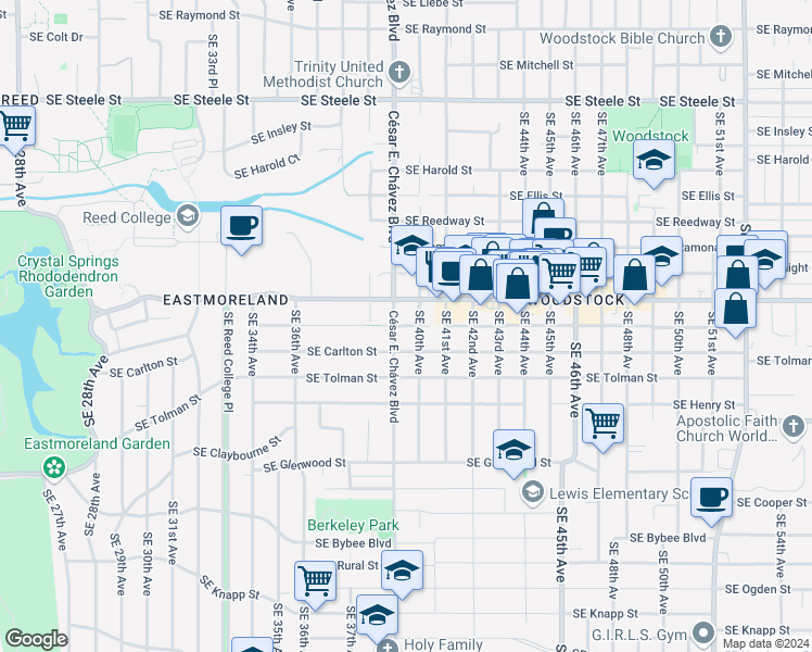 map of restaurants, bars, coffee shops, grocery stores, and more near 3927 Southeast Martins Street in Portland