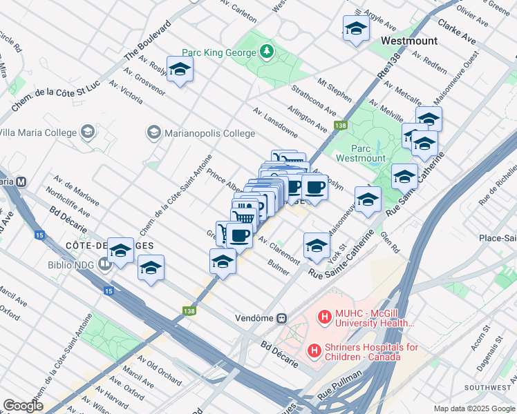 map of restaurants, bars, coffee shops, grocery stores, and more near 422 Avenue Prince Albert in Westmount