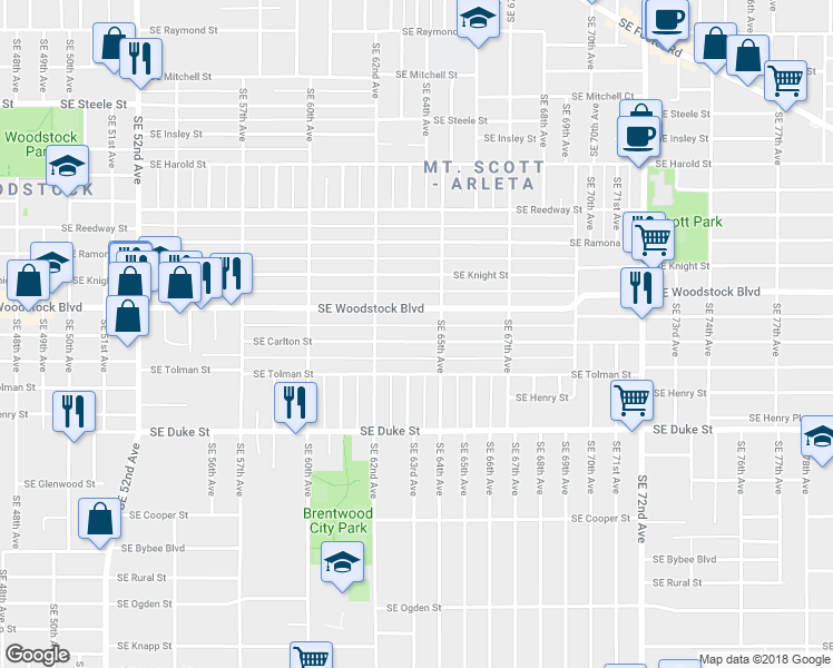 map of restaurants, bars, coffee shops, grocery stores, and more near 6313 Southeast Carlton Street in Portland