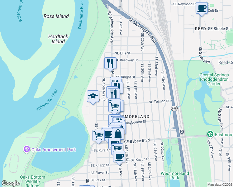 map of restaurants, bars, coffee shops, grocery stores, and more near 6108 Southeast Milwaukie Avenue in Portland