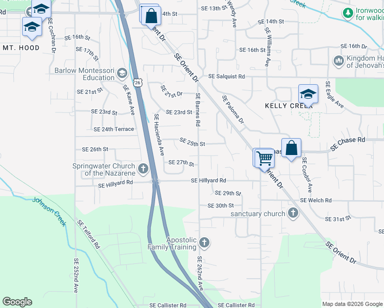 map of restaurants, bars, coffee shops, grocery stores, and more near 2559 Southeast Barnes Road in Gresham