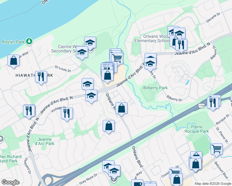 map of restaurants, bars, coffee shops, grocery stores, and more near in Ottawa
