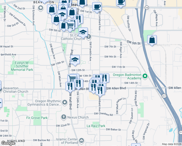 map of restaurants, bars, coffee shops, grocery stores, and more near 5755 Southwest Franklin Avenue in Beaverton