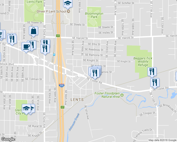map of restaurants, bars, coffee shops, grocery stores, and more near 6036 Southeast 100th Avenue in Portland