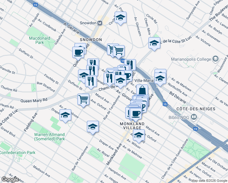map of restaurants, bars, coffee shops, grocery stores, and more near 4522 Avenue Girouard in Montréal