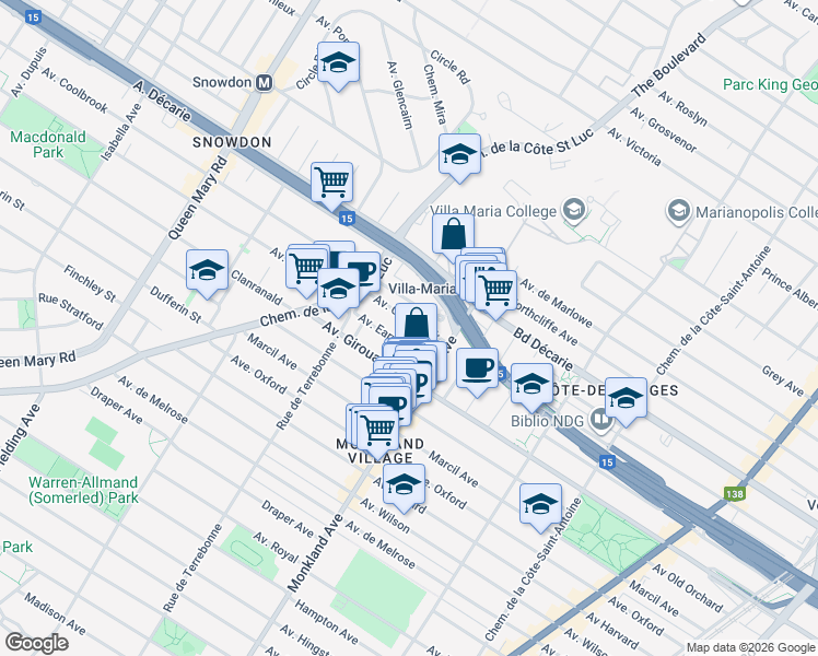 map of restaurants, bars, coffee shops, grocery stores, and more near 4370 Avenue Coolbrook in Montréal