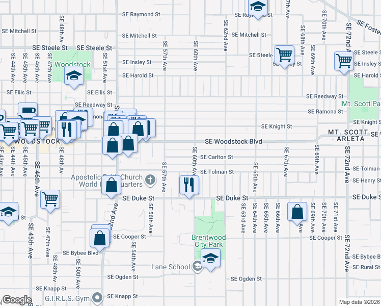 map of restaurants, bars, coffee shops, grocery stores, and more near 5915 Southeast Carlton Street in Portland