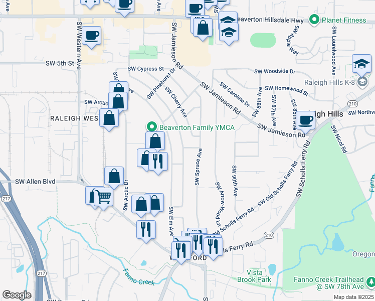 map of restaurants, bars, coffee shops, grocery stores, and more near 9370 Southwest Pine Street in Beaverton