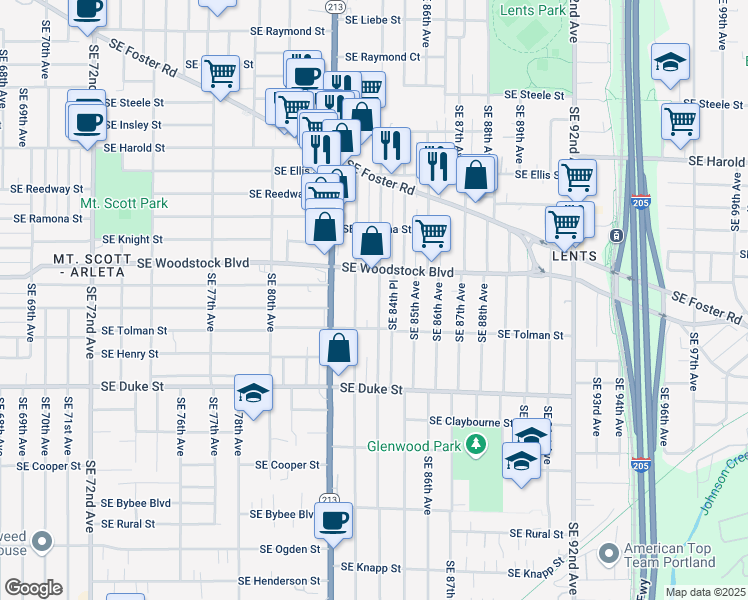 map of restaurants, bars, coffee shops, grocery stores, and more near 6111 SE 84th Ave in Portland