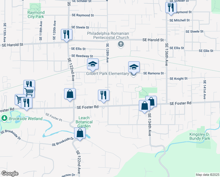map of restaurants, bars, coffee shops, grocery stores, and more near 6028 Southeast 128th Avenue in Portland