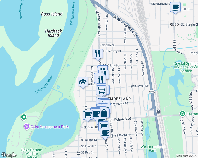 map of restaurants, bars, coffee shops, grocery stores, and more near 1540 Southeast Martins Street in Portland