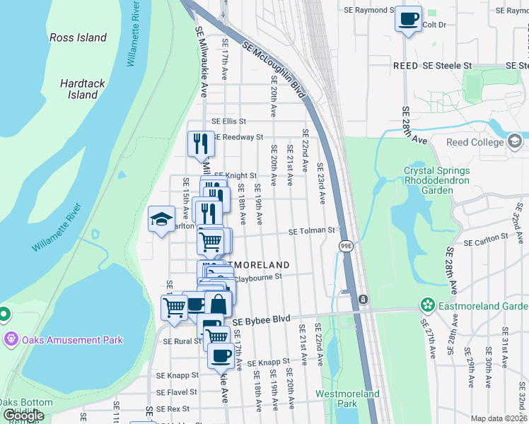 map of restaurants, bars, coffee shops, grocery stores, and more near 6034 Southeast 19th Avenue in Portland