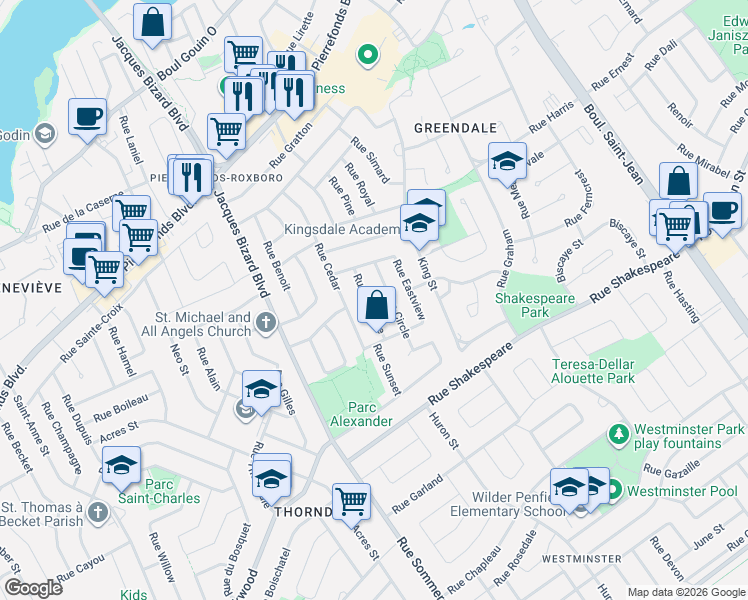 map of restaurants, bars, coffee shops, grocery stores, and more near 4350 Rue Hillsdale in Montréal