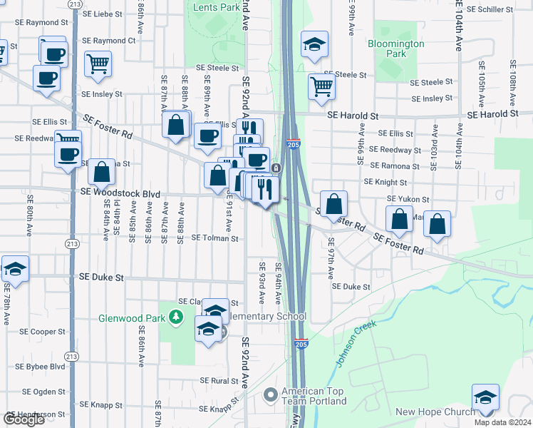 map of restaurants, bars, coffee shops, grocery stores, and more near 6107 Southeast 93rd Avenue in Portland