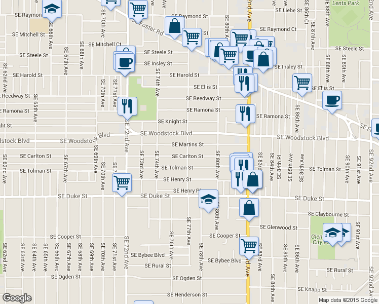 map of restaurants, bars, coffee shops, grocery stores, and more near 6133 Southeast 77th Avenue in Portland