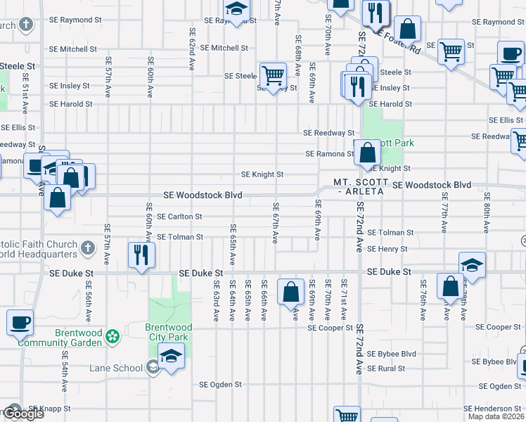 map of restaurants, bars, coffee shops, grocery stores, and more near 6621 Southeast Carlton Street in Portland