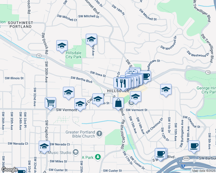 map of restaurants, bars, coffee shops, grocery stores, and more near 1918 Southwest Carolina Street in Portland